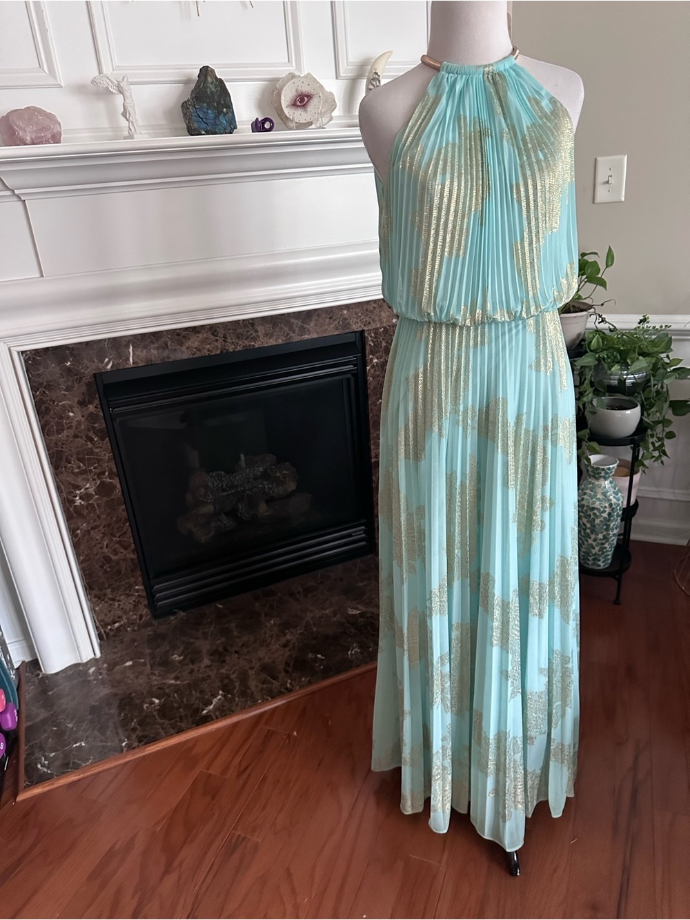 Xscape Aqua and Gold Pleated Halter Maxi Dress